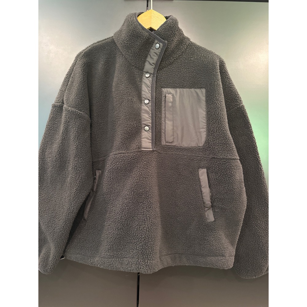 Wilo The Label Womens Oversized Sherpa Fleece Snap Pullover Jacket Black Large